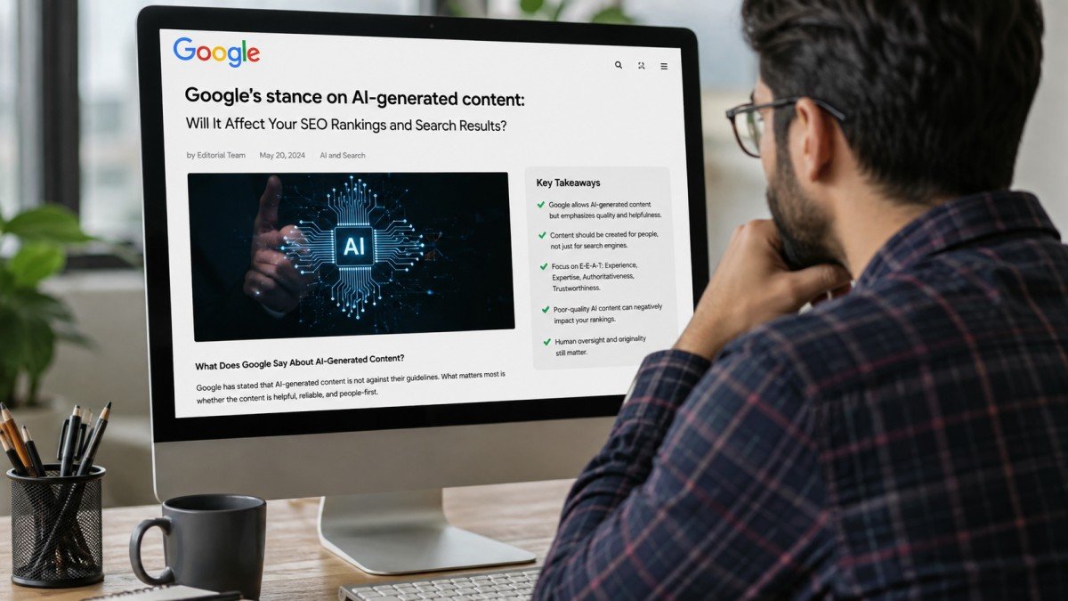 Man viewing Google’s AI content and SEO guidelines on a computer.