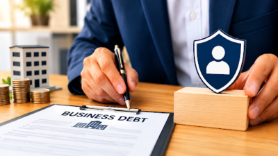 Business debt document with a professional holding a pen and a shield symbol representing financial protection.