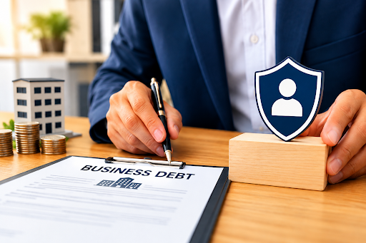Business debt document with a professional holding a pen and a shield symbol representing financial protection.