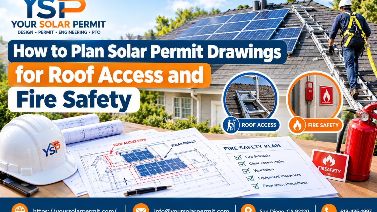 Solar permit roof plan showing solar panels, roof access pathways, and rooftop safety clearances.