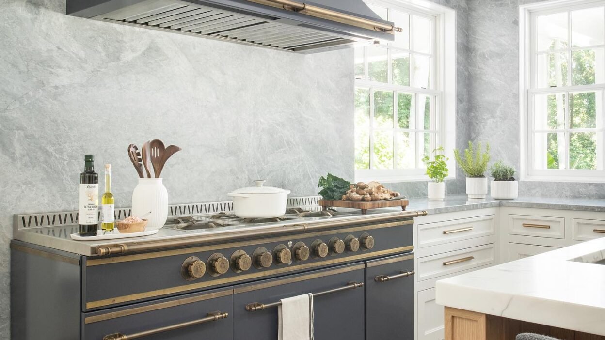 Luxury kitchen with custom French range and marble island