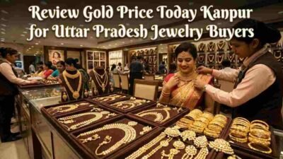 Gold jewelry displayed in a Kanpur jewelry store with information about gold prices and buying tips