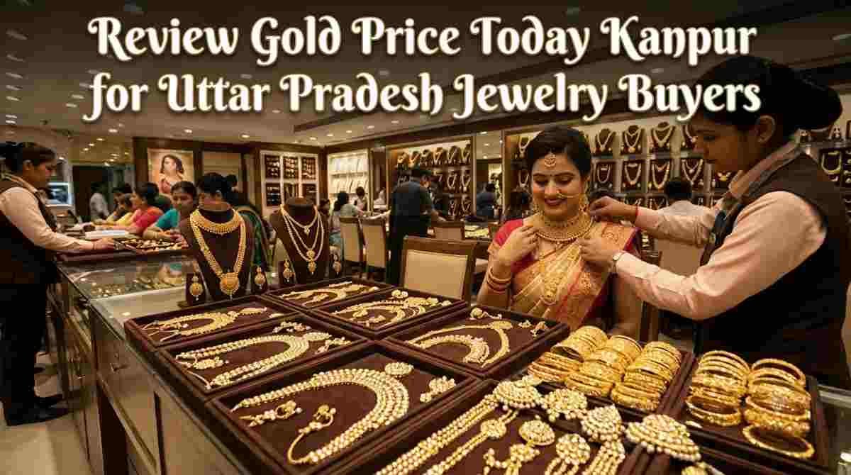 Gold jewelry displayed in a Kanpur jewelry store with information about gold prices and buying tips